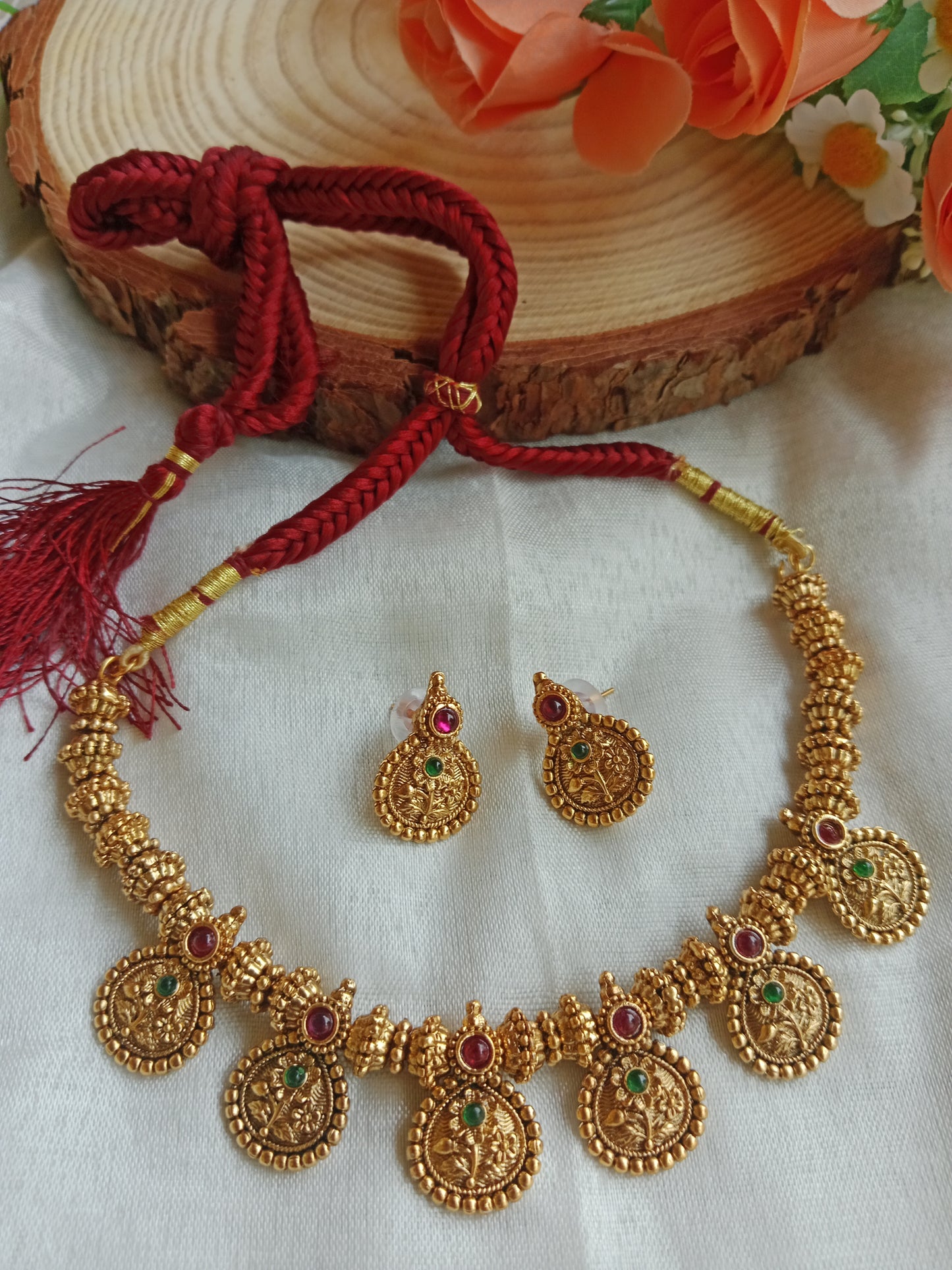 Title: Antique Gold Temple Coin Necklace Set