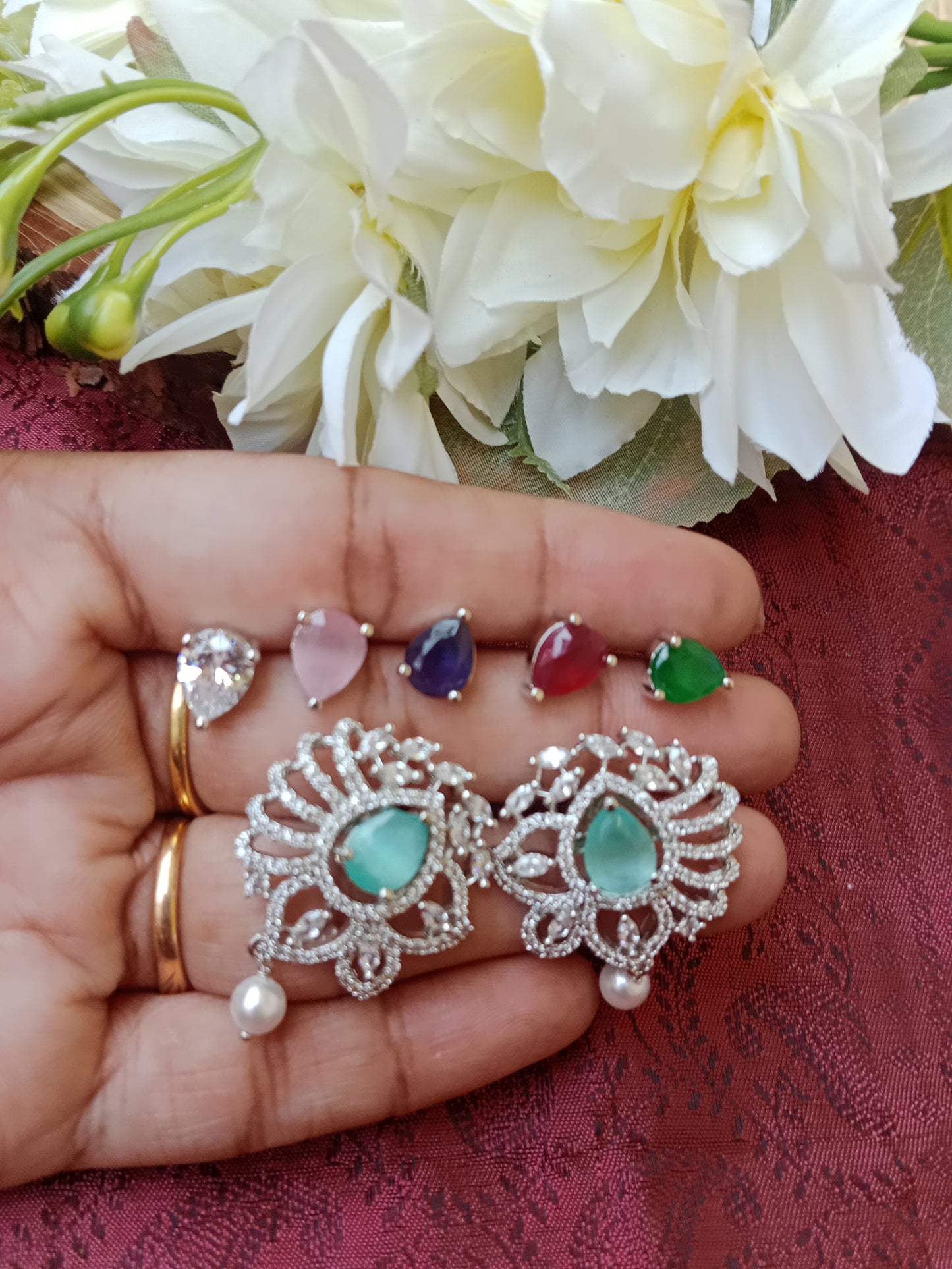 CZ Diamond Changeable Stone Earrings with 5 Interchangeable Gemstone Drops