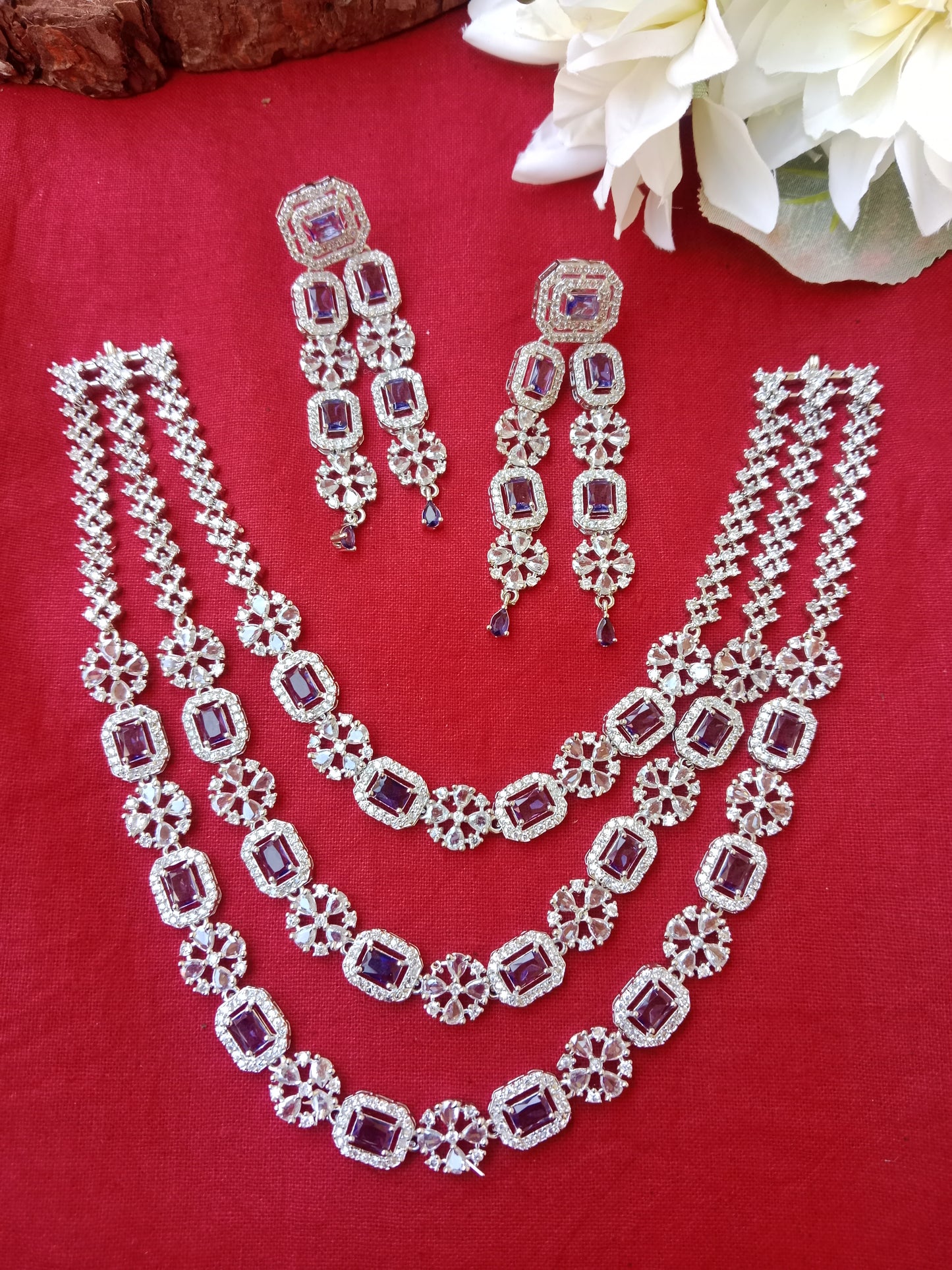 Silver AD Stone Double Layer Necklace Set with Earrings