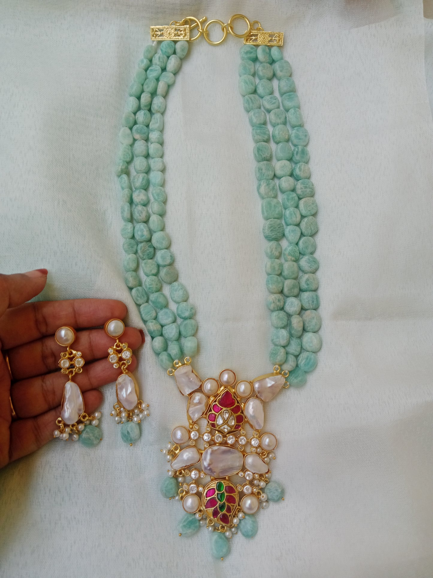 Triple Strand turquoise Beaded Long Necklace with Kundan Pendant & Pearl Earrings