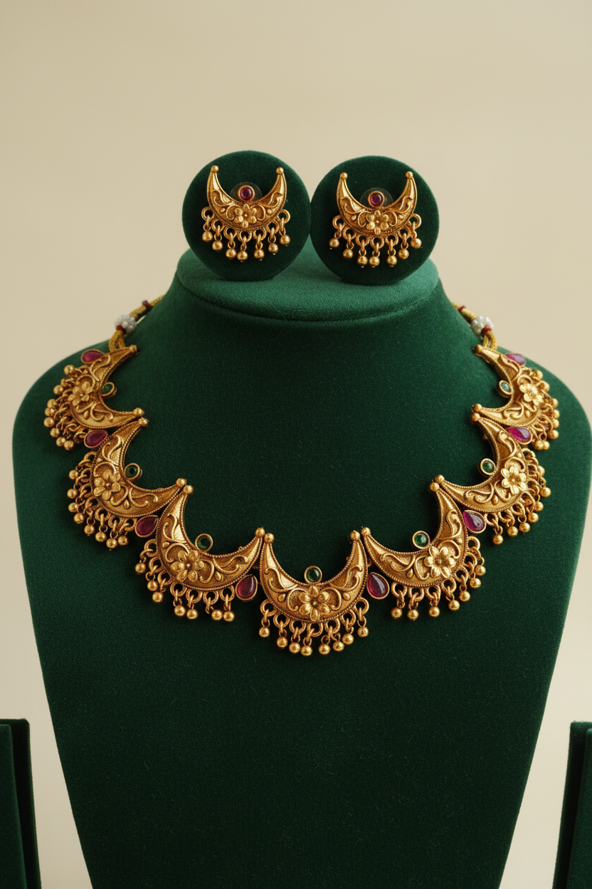 Antique Gold Crescent Floral Necklace Set with Ruby & Emerald Stones and Ghungroo Drops