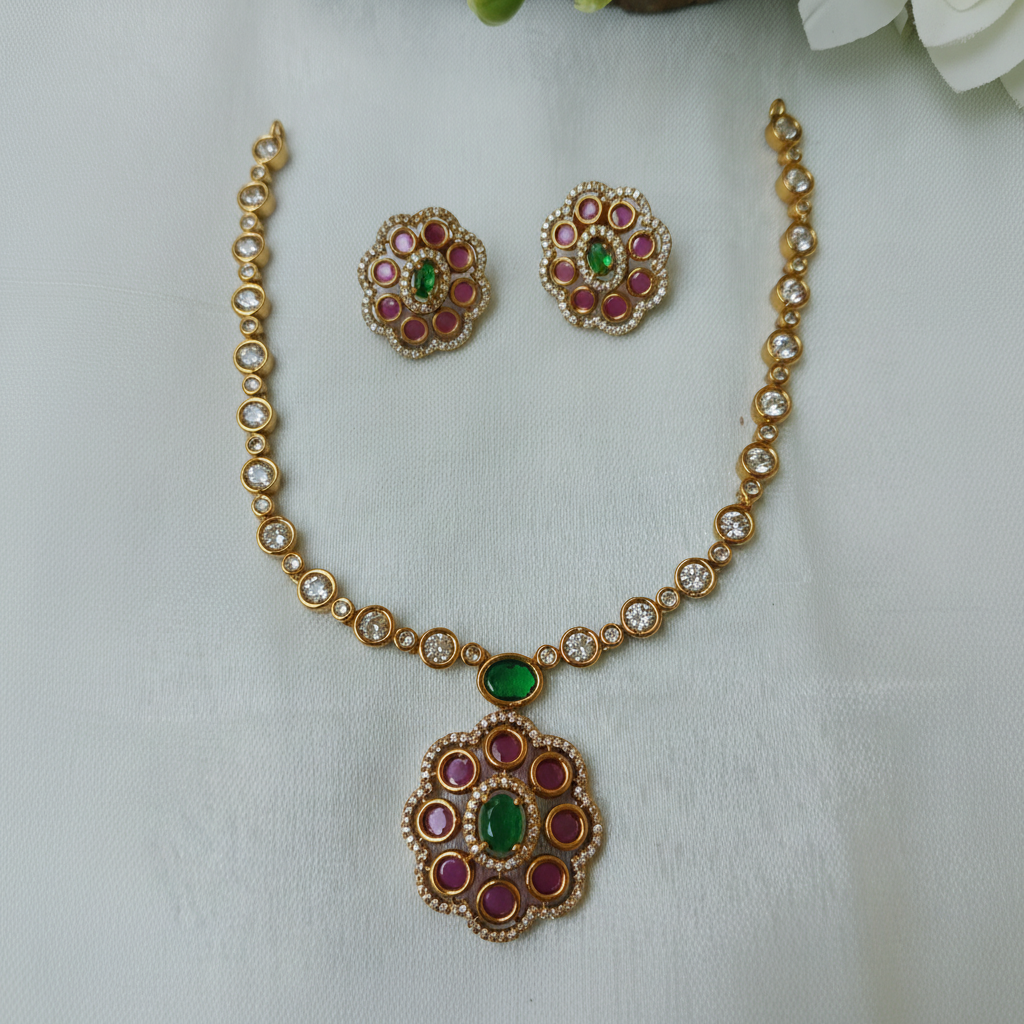 CZ Diamond Ruby Emerald Necklace Set | Antique Gold Bridal Jewellery