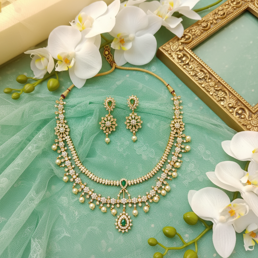 CZ Emerald Double Layer Pearl Drop Necklace Set