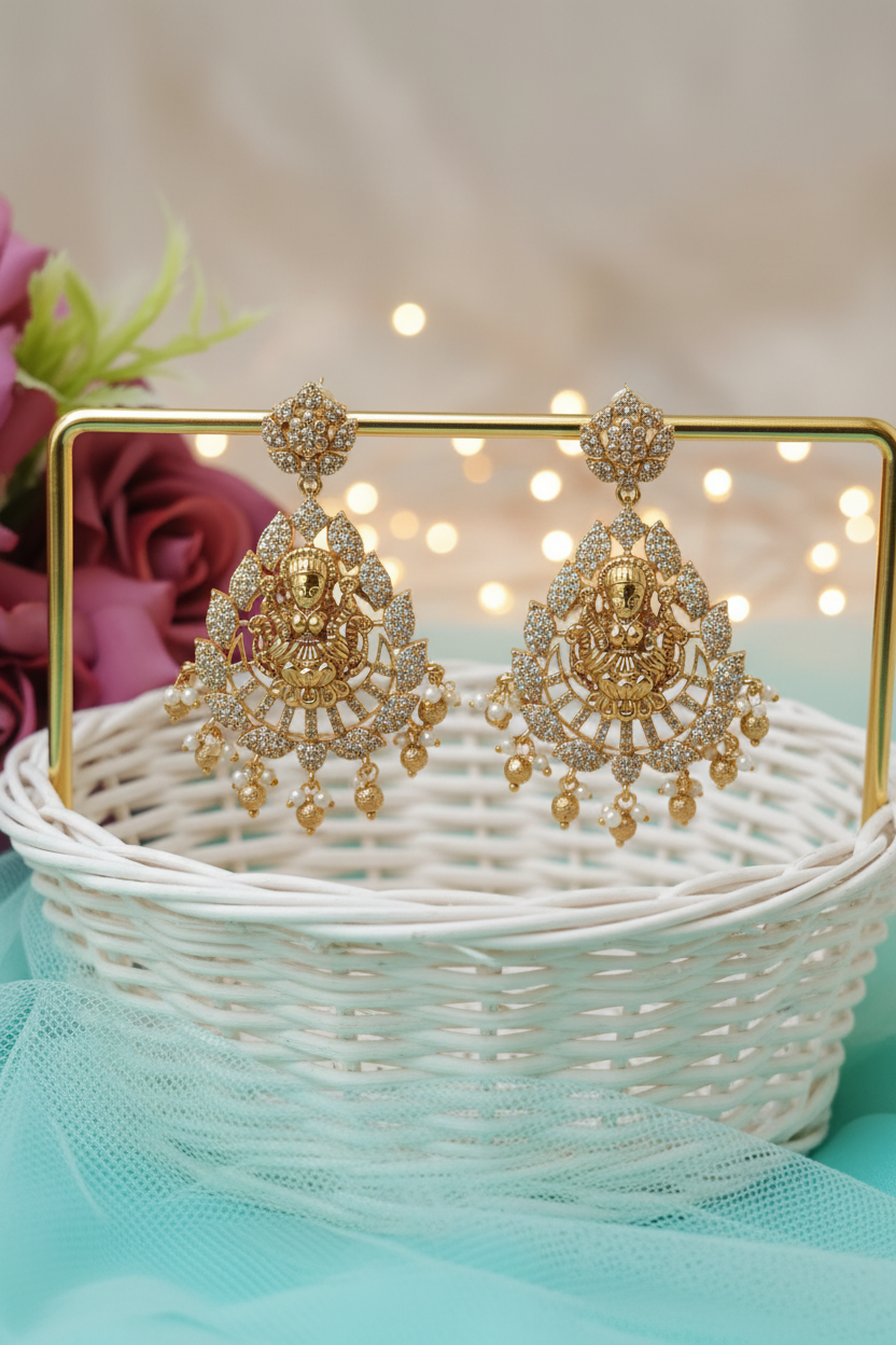Antique Lakshmi Temple Chandbali Earrings – Ruby & Pearl Drop