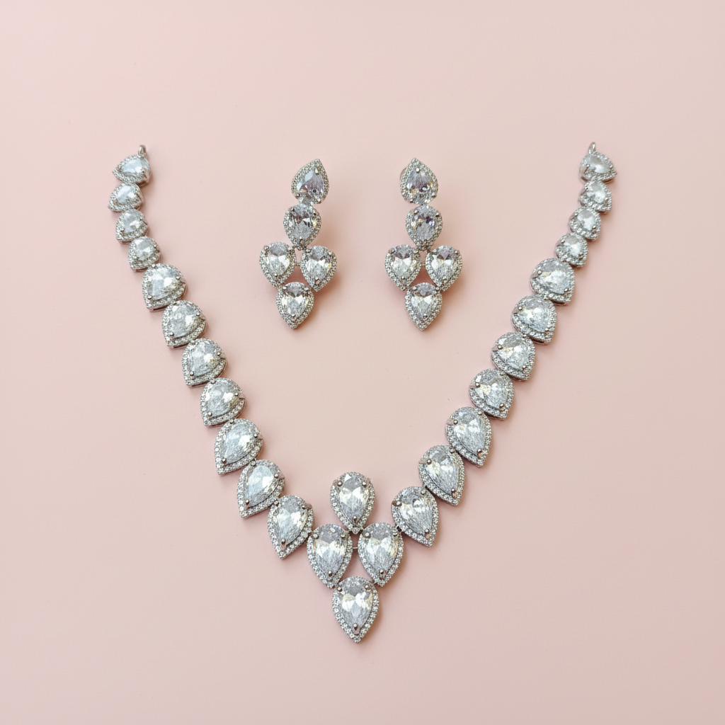 White CZ Teardrop V-Necklace Set with Drop Earrings