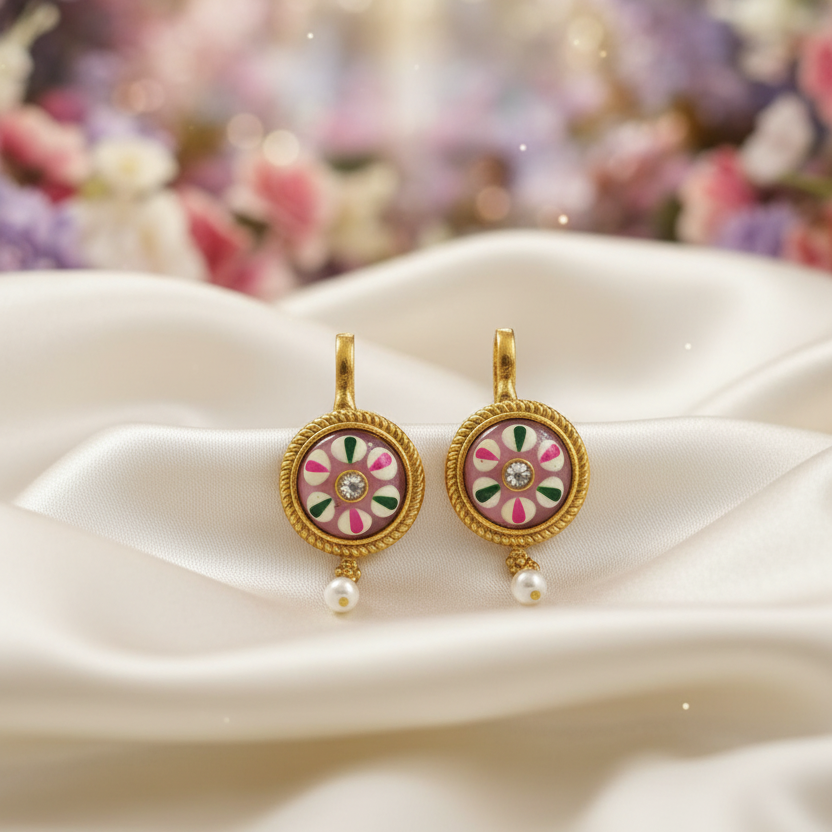 Earrings on silk with floral fairy background