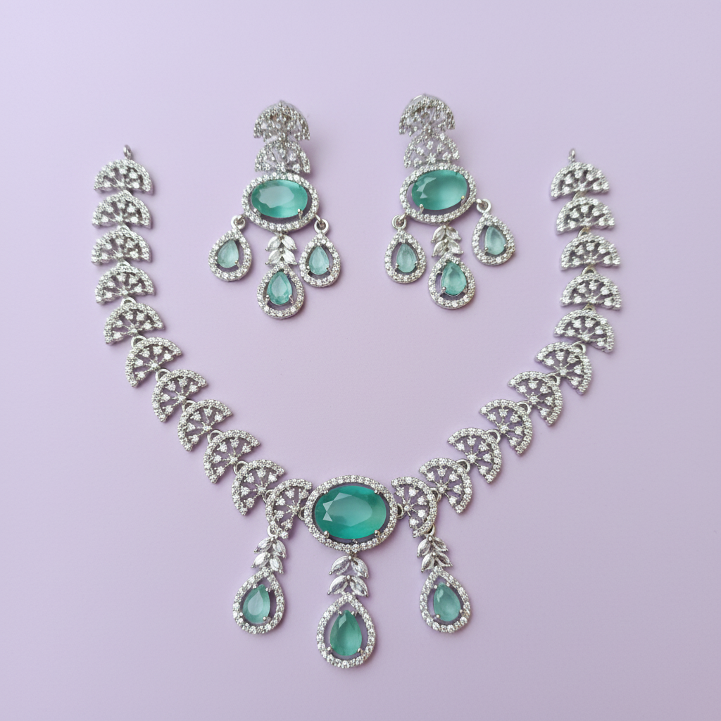 Emerald Green CZ Fan Necklace Set with Chandelier Drop Earrings