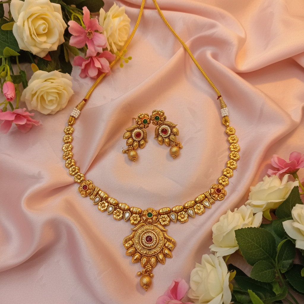 Royal Floral Temple Jewellery Set with Statement Pendant & Matching Earrings