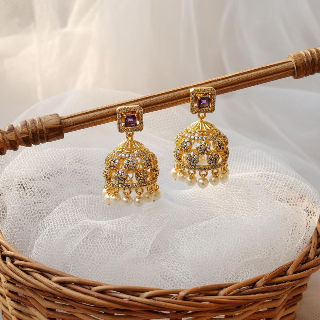 Gold Plated AD Purple Stone Jhumka Earrings