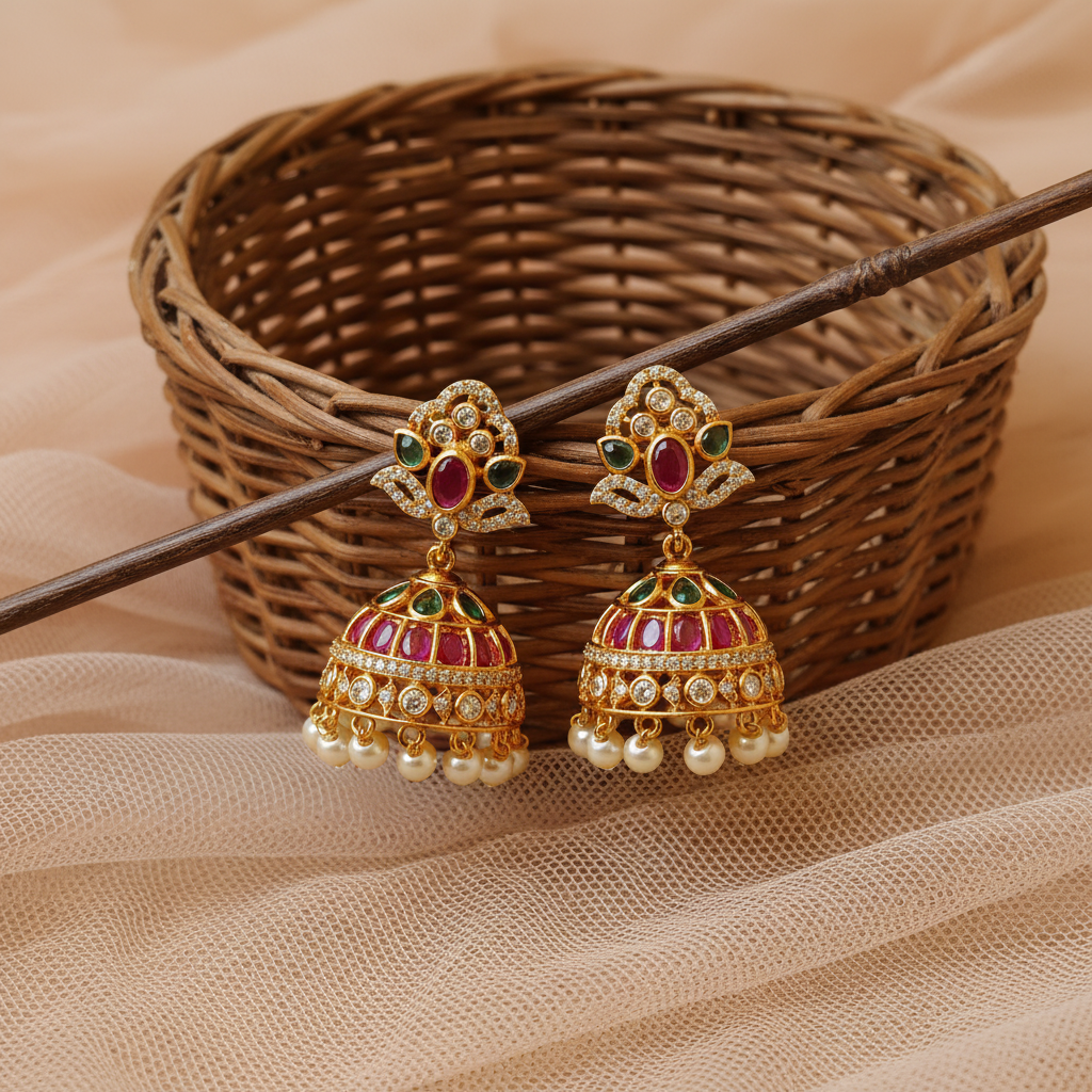 Gold Plated Kundan Ruby Emerald Jhumka Earrings with Pearl Drops