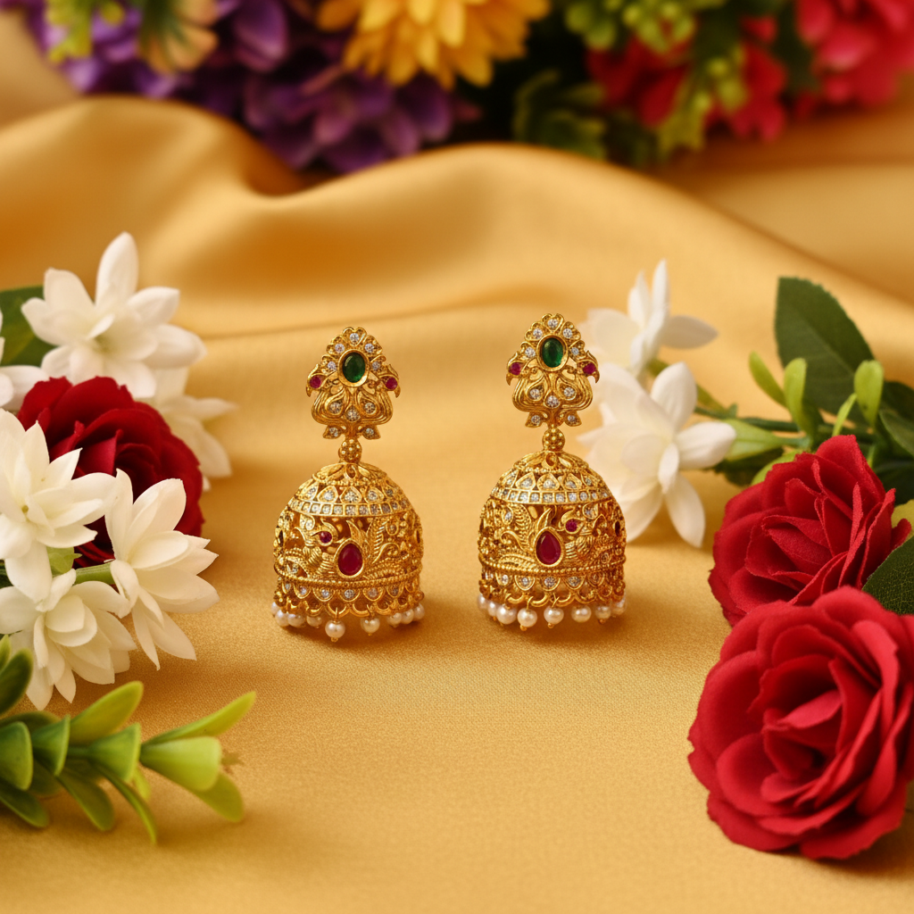 Gold Plated Nakshi Jhumka Earrings with Emerald Stud & Pearl Drops