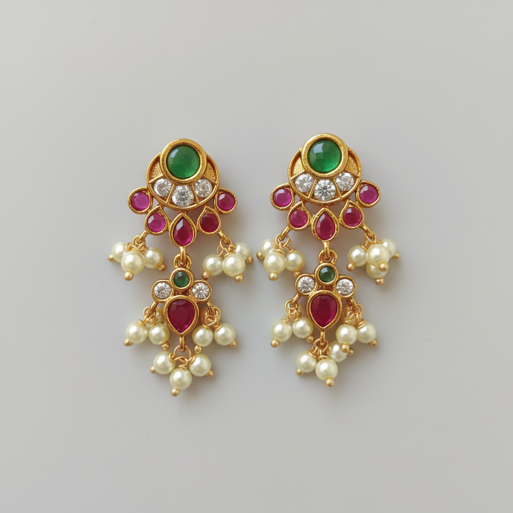 Antique Gold Ruby Emerald CZ & Pearl Drop Earrings