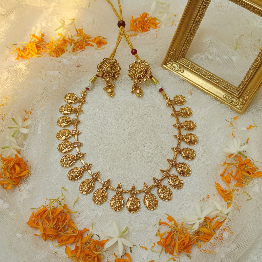 Traditional Lakshmi Kasu Mala Necklace Set with Antique Finish Earrings