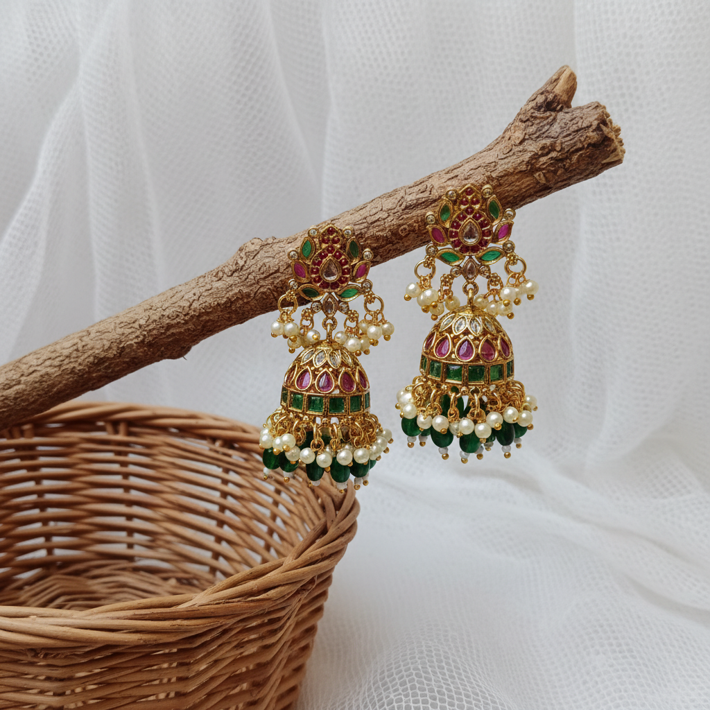 Gold Plated Kundan Jhumka Earrings with Emerald Drops & Pearl Dangles