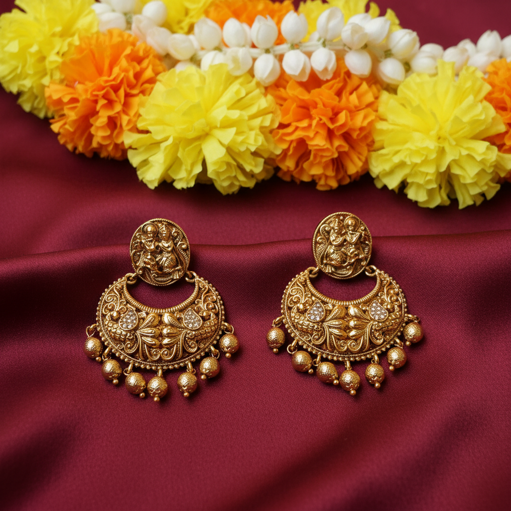 Lakshmi Nakshi Chandbali Earrings with Gold Ghungroo Drops