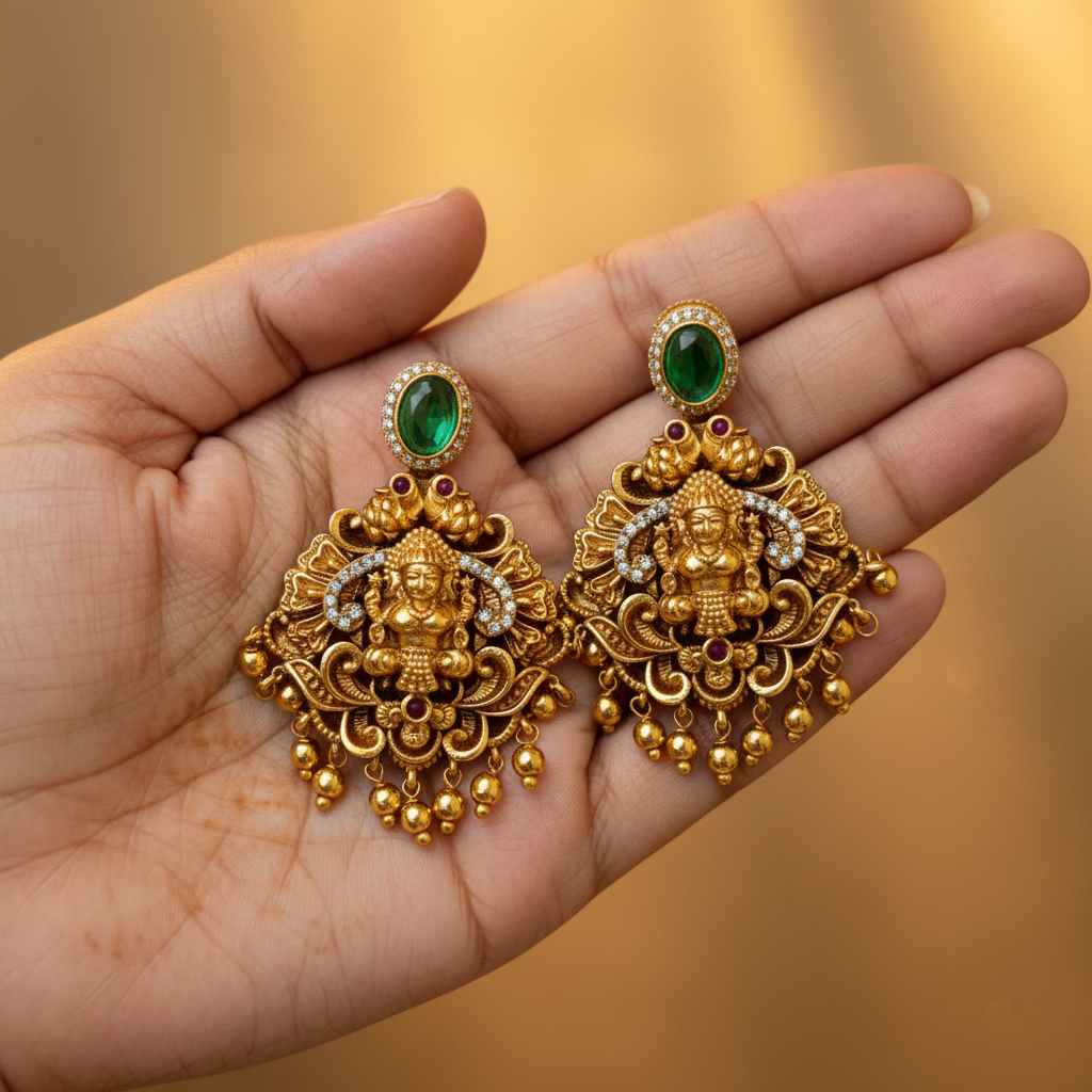 Lakshmi Devi Antique Gold Drop Earrings