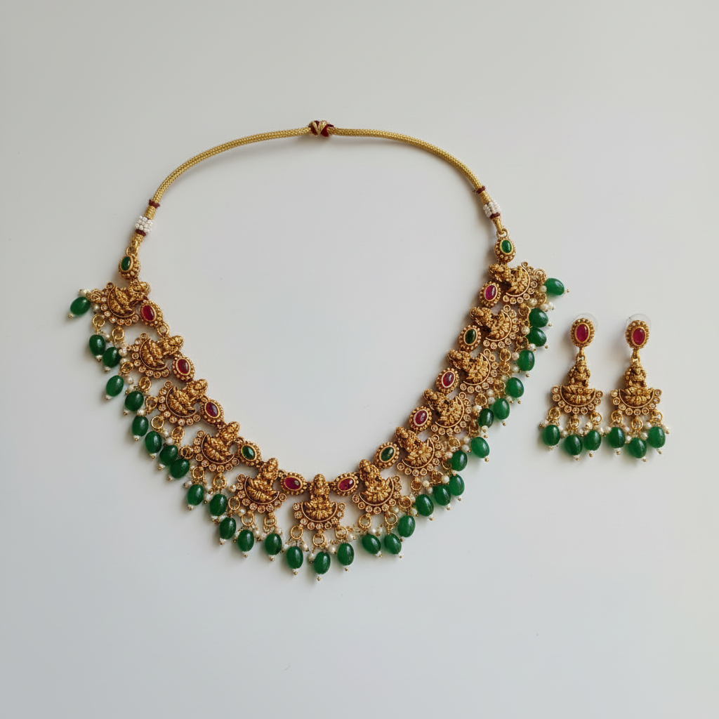 Lakshmi Temple Necklace Set with Emerald Green Beads, Ruby Stones & Chandbali Earrings