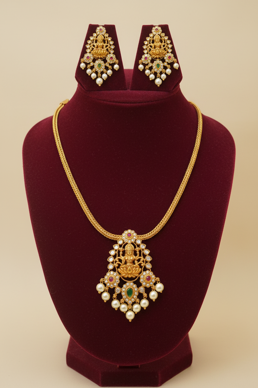 Lakshmi CZ Pearl Hasli Necklace Set | Antique Gold Temple Jewellery