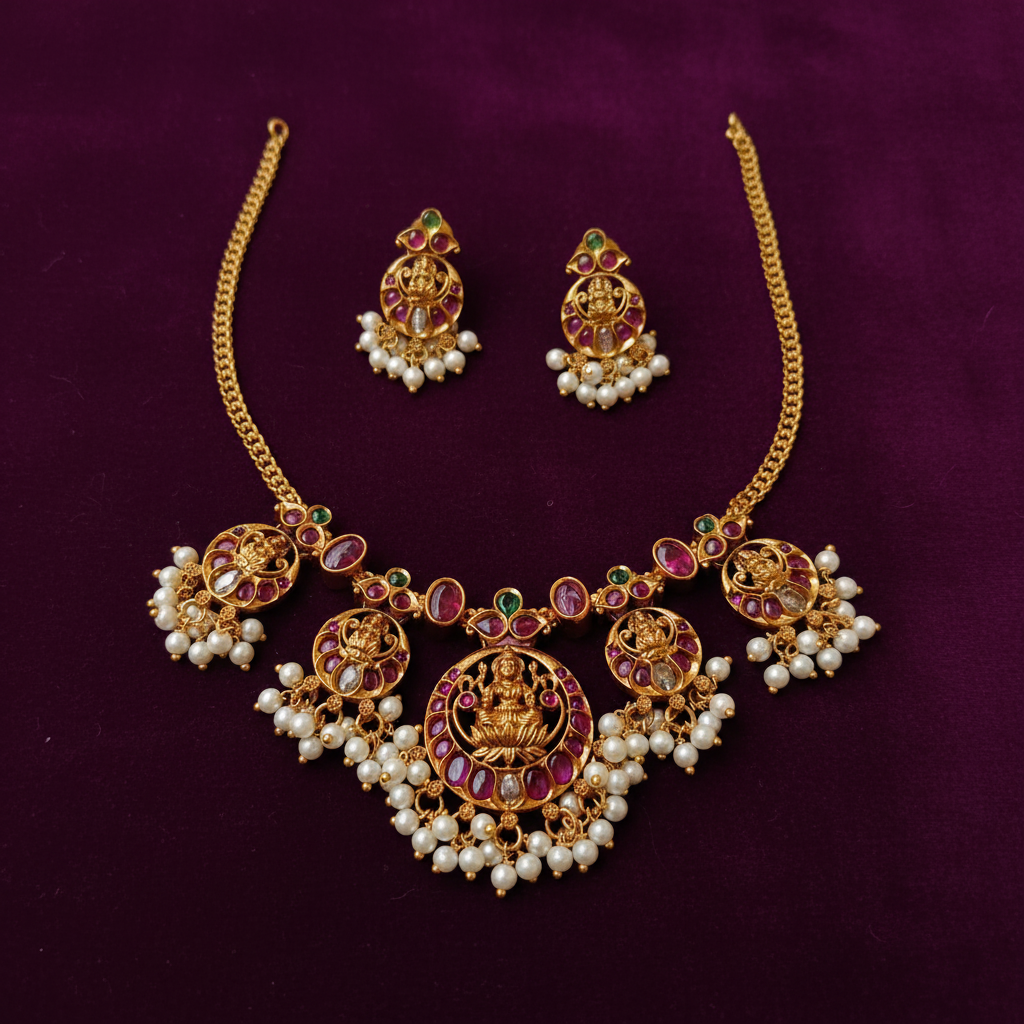 Lakshmi Lotus Temple Necklace Set | Ruby, Emerald & Pearl Antique Gold Jewellery