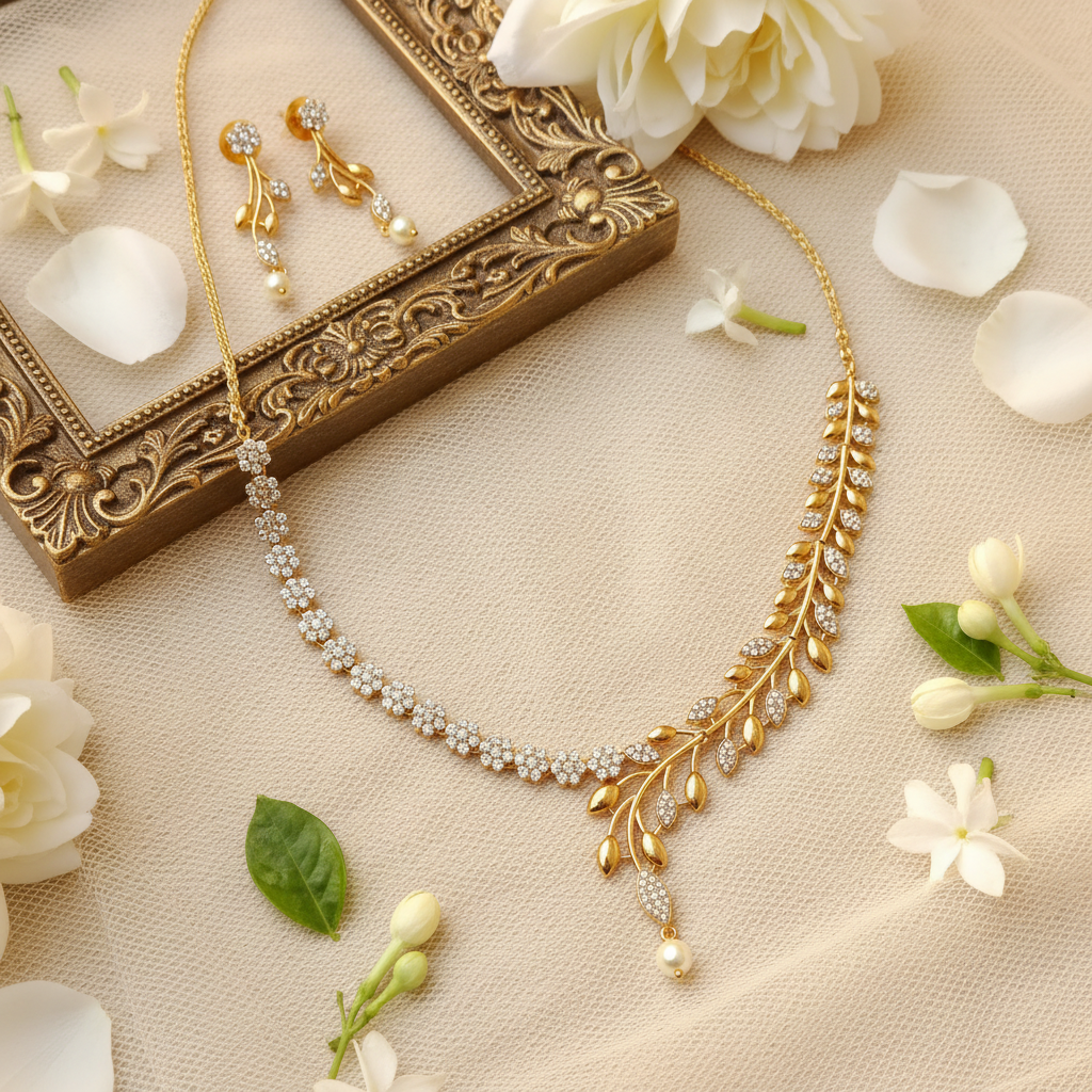 Gold Leaf & CZ Floral Vine Necklace Set