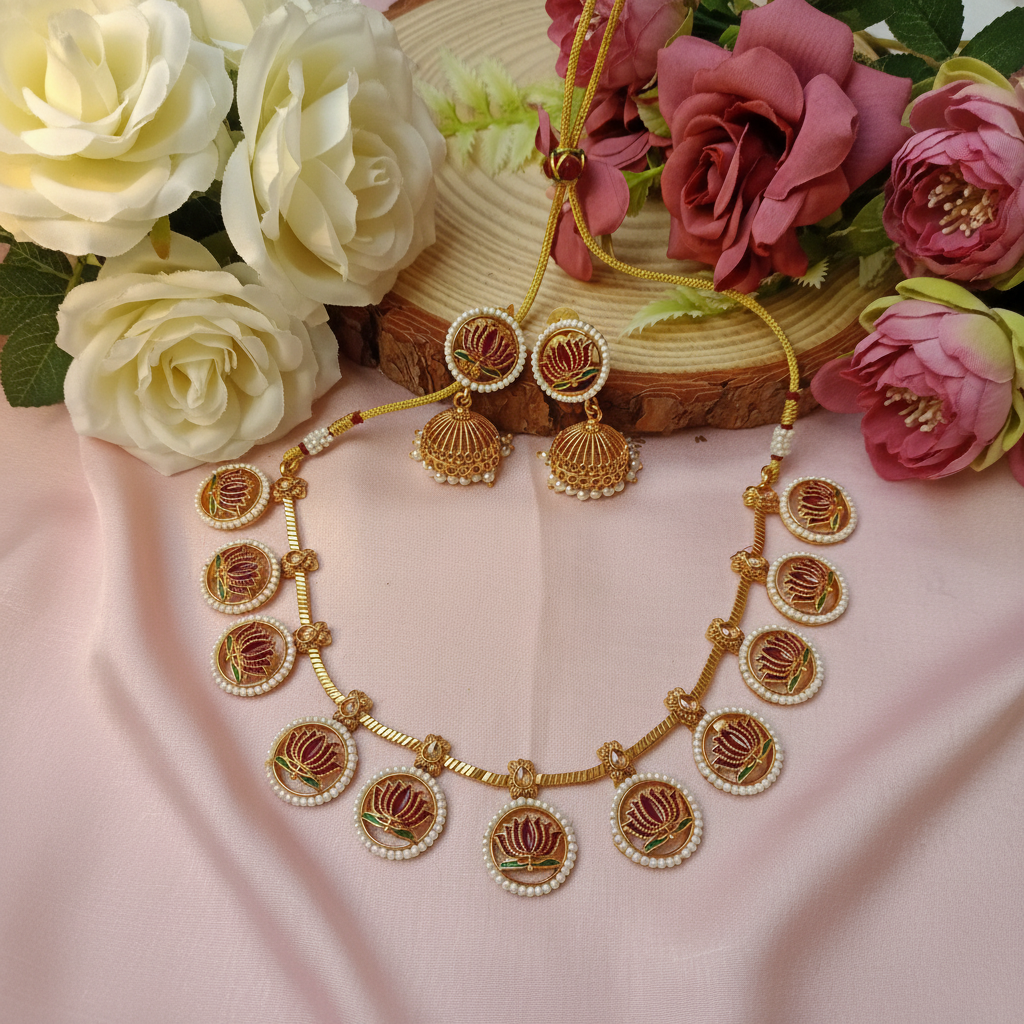 Elegant Lotus Motif Pearl-Studded Necklace Set with Jhumka Earrings