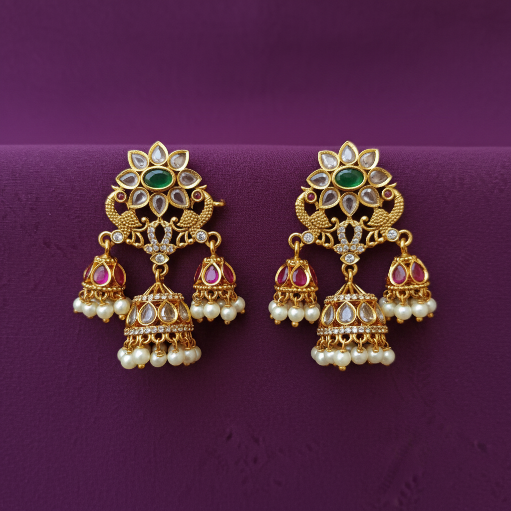 Gold Plated Kundan Peacock Triple Jhumka Earrings