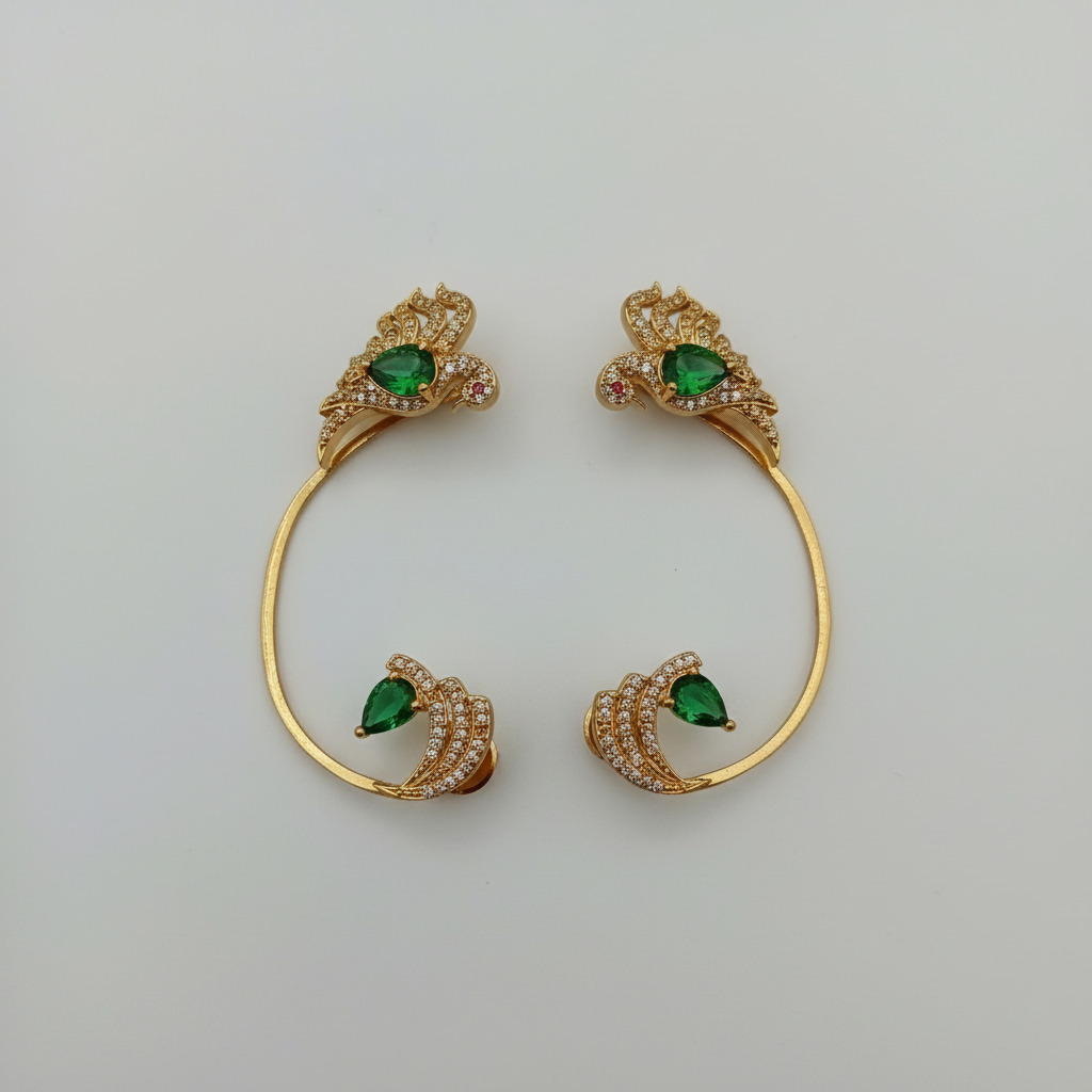 Gold Peacock Hoop Ear Cuff Earrings – Emerald Green & CZ