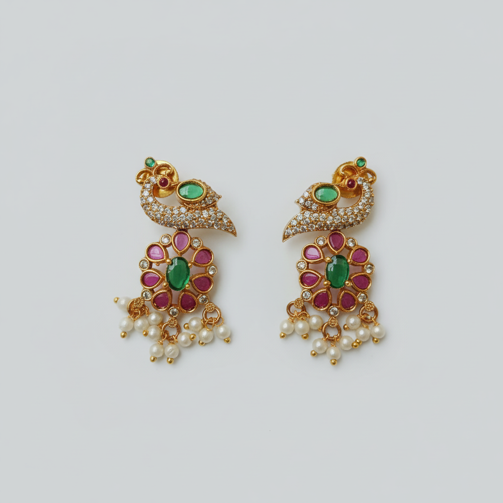 Peacock CZ Ruby Emerald Drop Earrings with Pearl Dangles