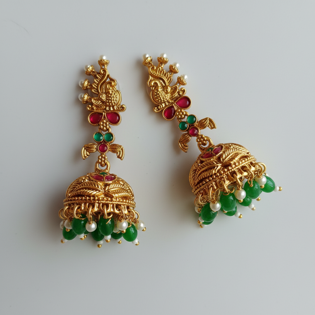 Peacock Temple Jhumka Earrings with Emerald & Pearl Drops