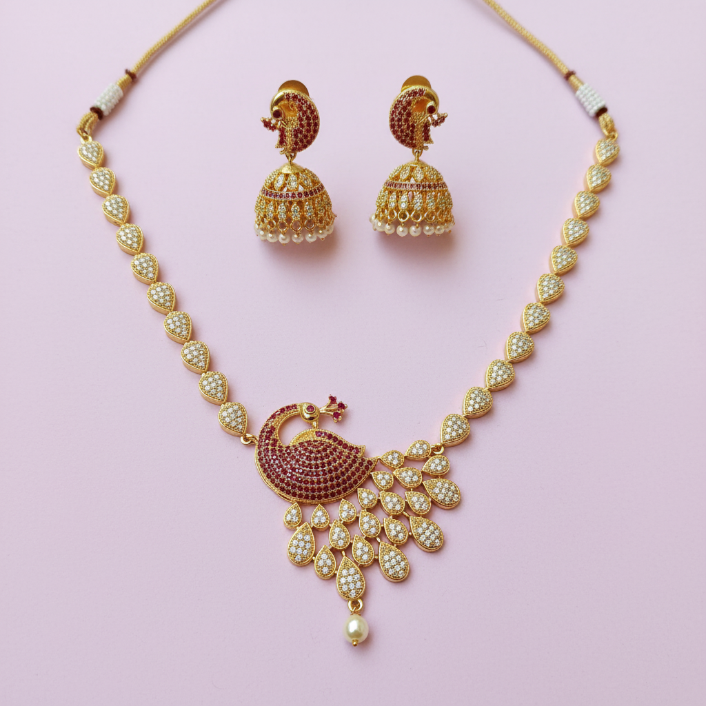 Ruby Peacock CZ Necklace Set with Pearl Drop Jhumka Earrings