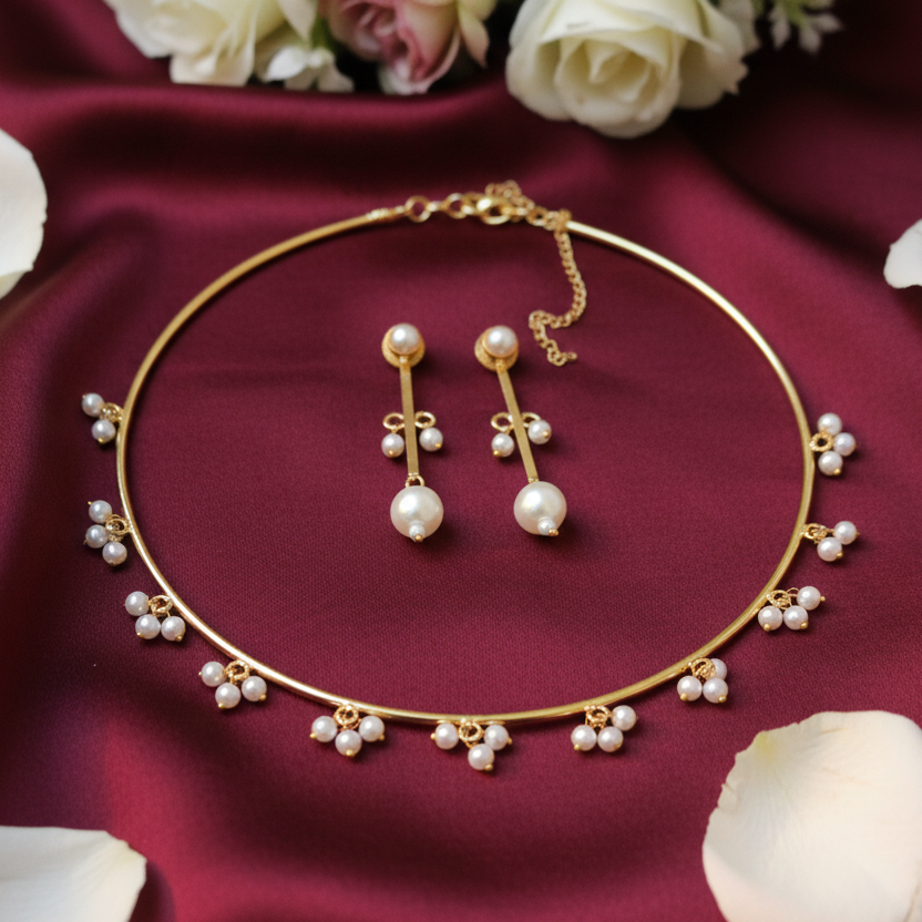 Pearl Cluster Choker Necklace Set with Drop Earrings