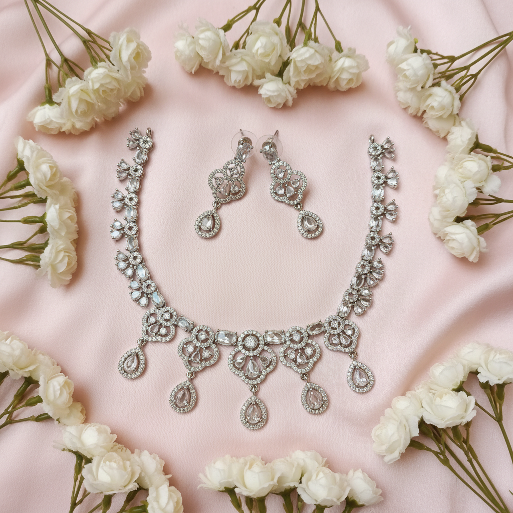 Silver AD Floral Necklace Set