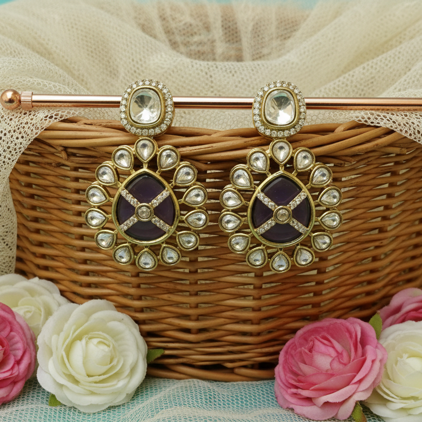 purple Kundan Round Earrings