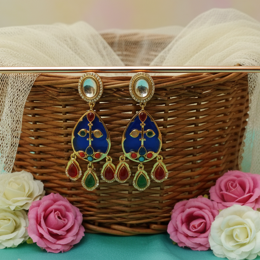 Blue Meenakari Teardrop Earrings
