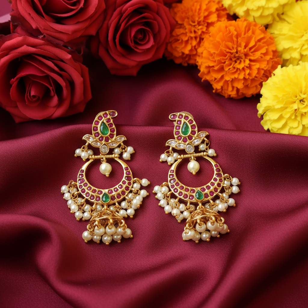 Ruby Kemp Chandbali Earrings with Pearl Jhumka