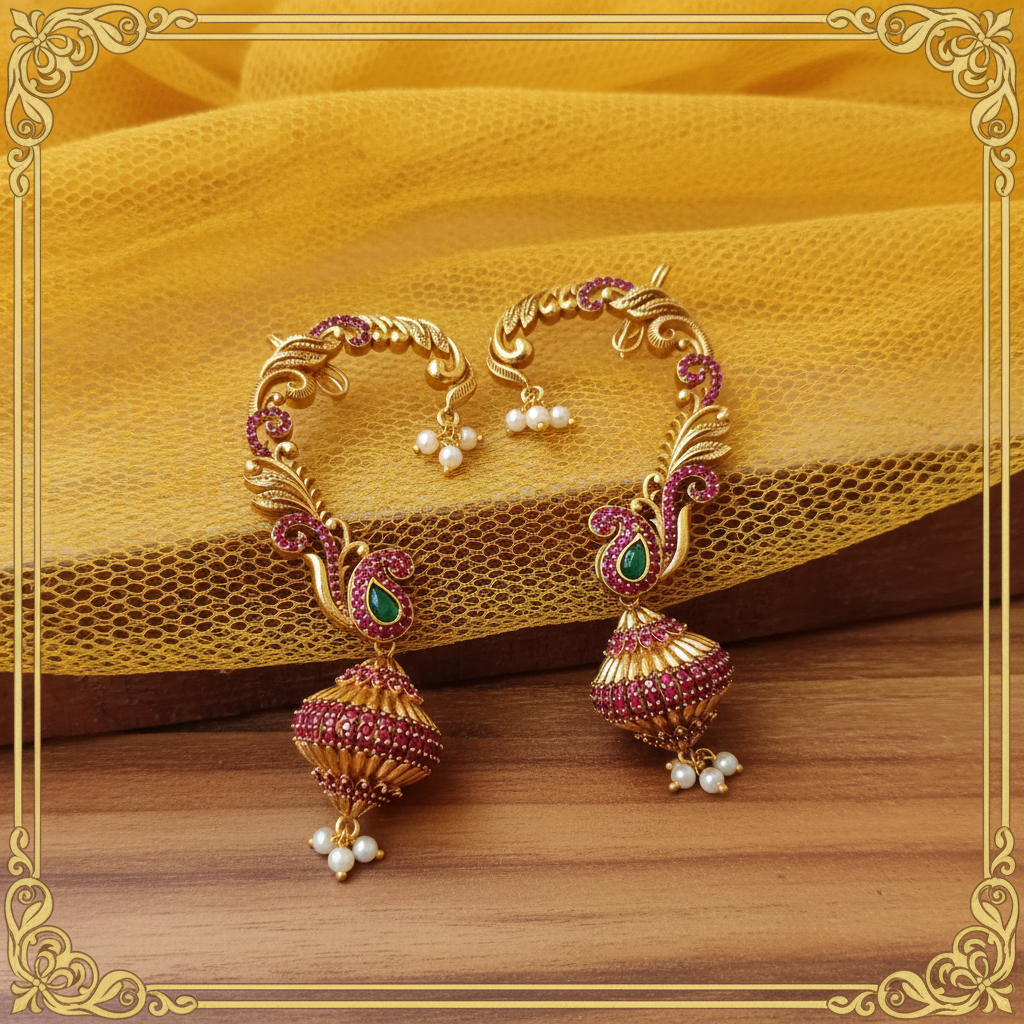 Antique Gold Ruby Peacock Feather Ear Cuff Jhumka Earrings – Emerald & Pearl Drop