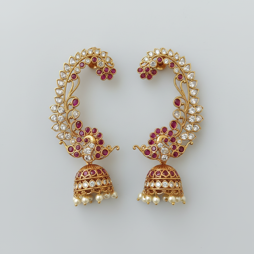 Antique Gold Peacock Ear Cuff Jhumka Earrings – Ruby, CZ & Pearl Drops