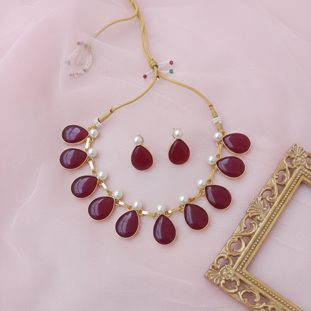 monalisa maroon Tear drop Choker Necklace with Pearl Spacers & Matching Earrings