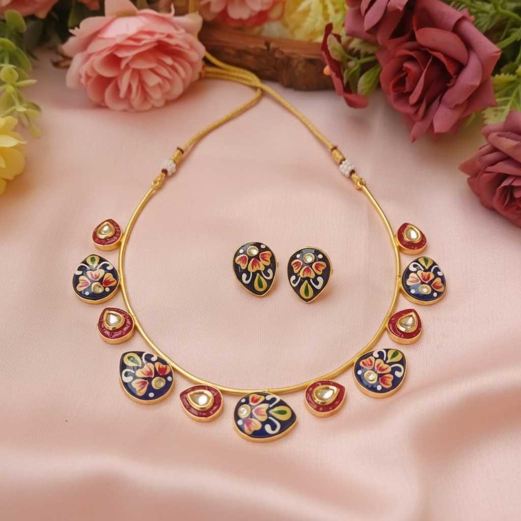 Deep Navy Meenakari Kundan Choker Necklace Set