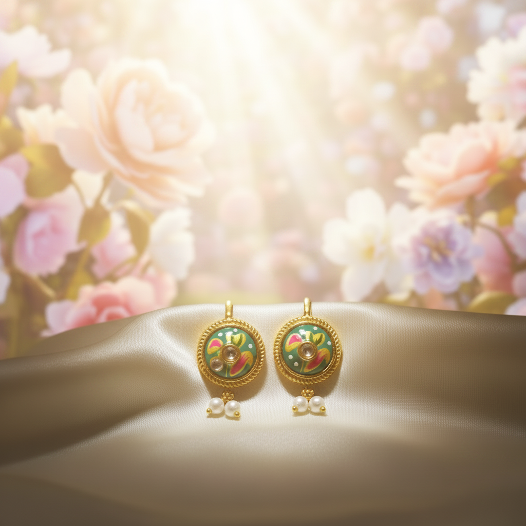 Teal gold meenakari earrings on ivory silk with bright floral fairy background