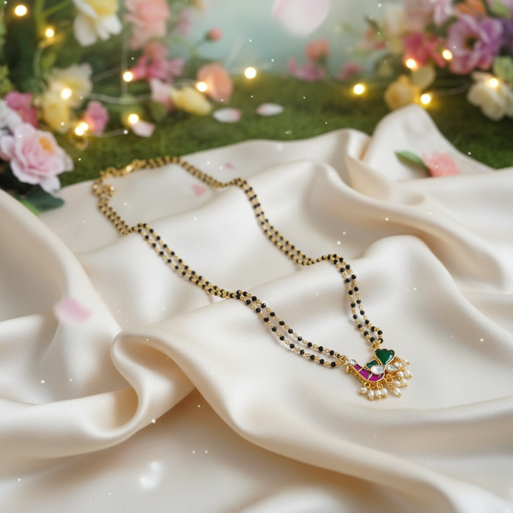 Handcrafted Navratna butterfly mangalsutra with double-strand black bead gold chain on ivory silk with floral fairy light background