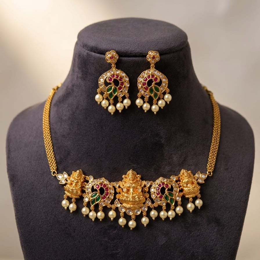Lakshmi Temple Choker Necklace & Peacock Chandbali Earrings Set
