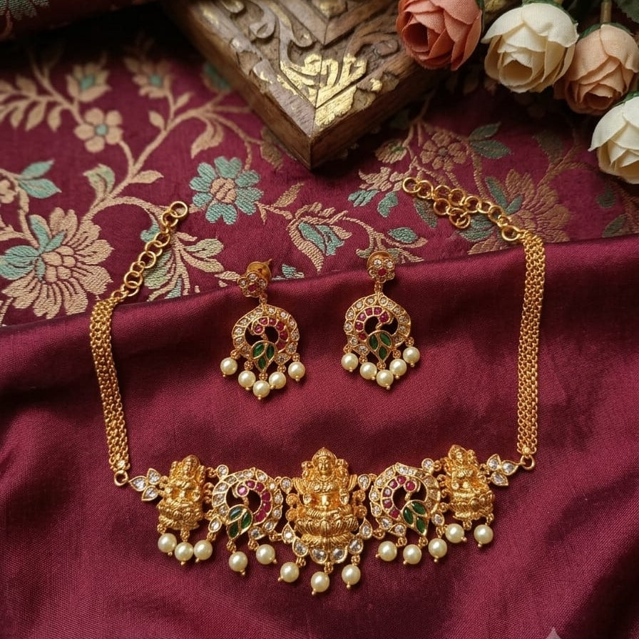 Lakshmi Temple Choker Necklace & Peacock Chandbali Earrings Set