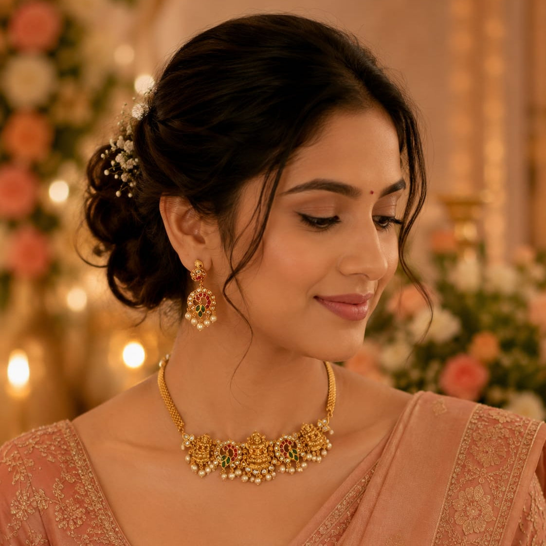 Lakshmi Temple Choker Necklace & Peacock Chandbali Earrings Set