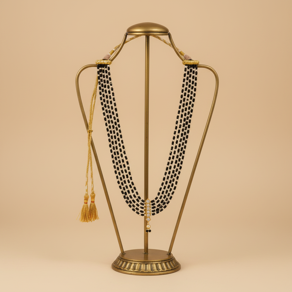 5-Strand Mangalsutra on Antique Gold Metal Stand