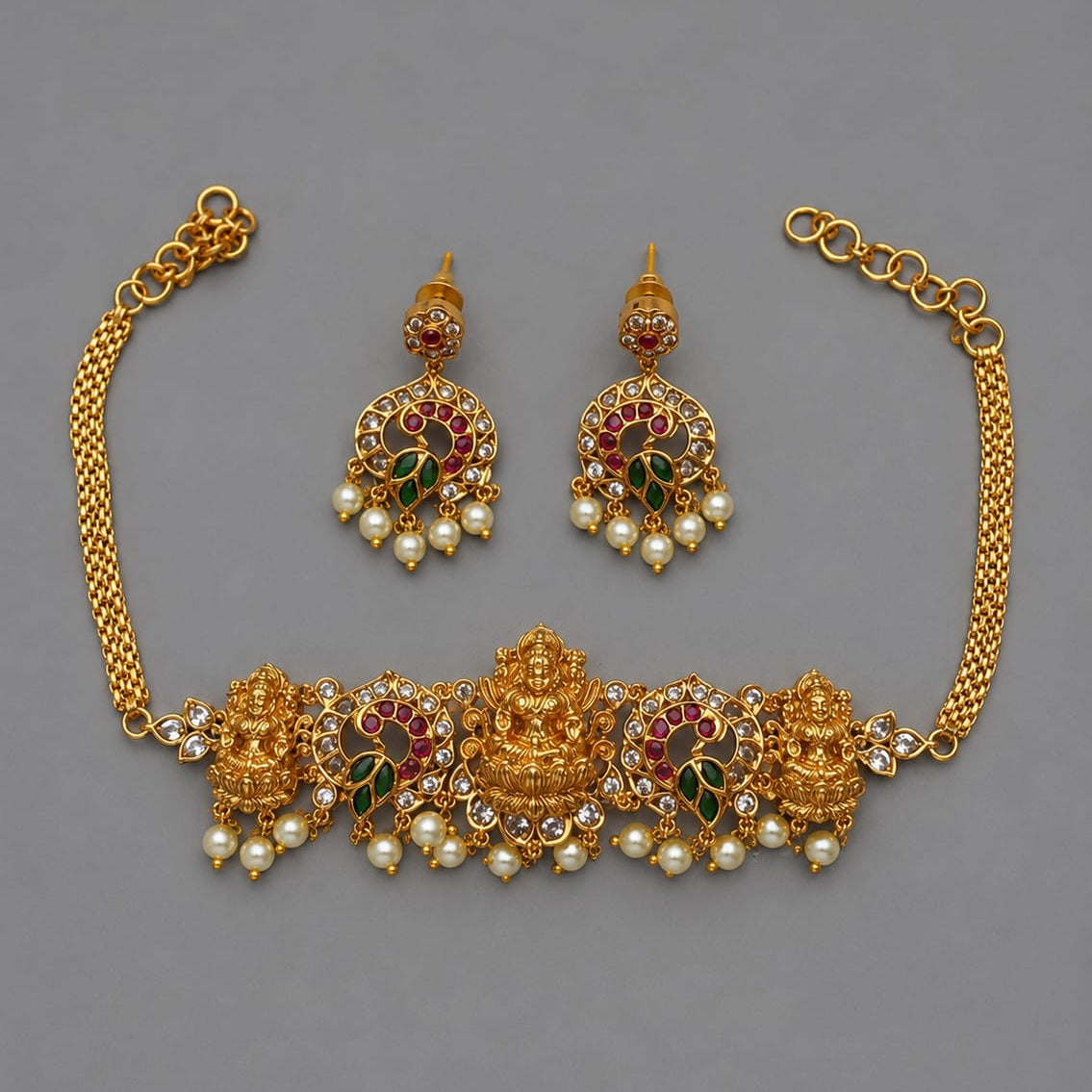Lakshmi Temple Choker Necklace & Peacock Chandbali Earrings Set