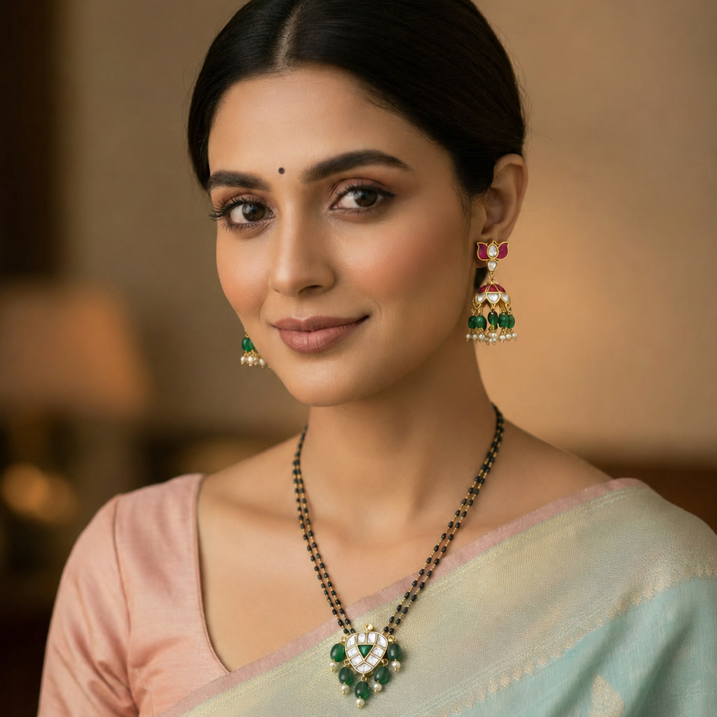 Royal White Moissanite Stone Double Line Mangalsutra with Emerald Jadau Pendant