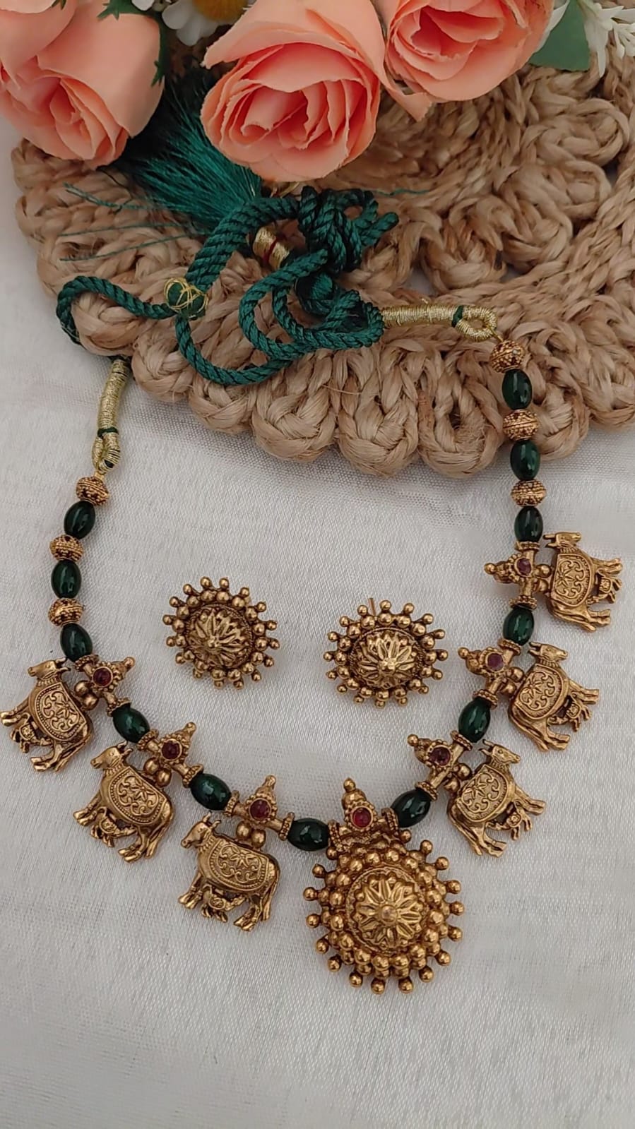 Kamadhenu Temple Necklace Set with Emerald Green Beads & Stud Earrings