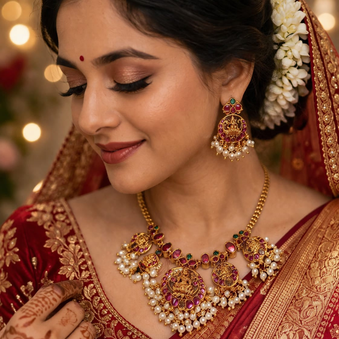 Lakshmi Lotus Temple Necklace Set | Ruby, Emerald & Pearl Antique Gold Jewellery