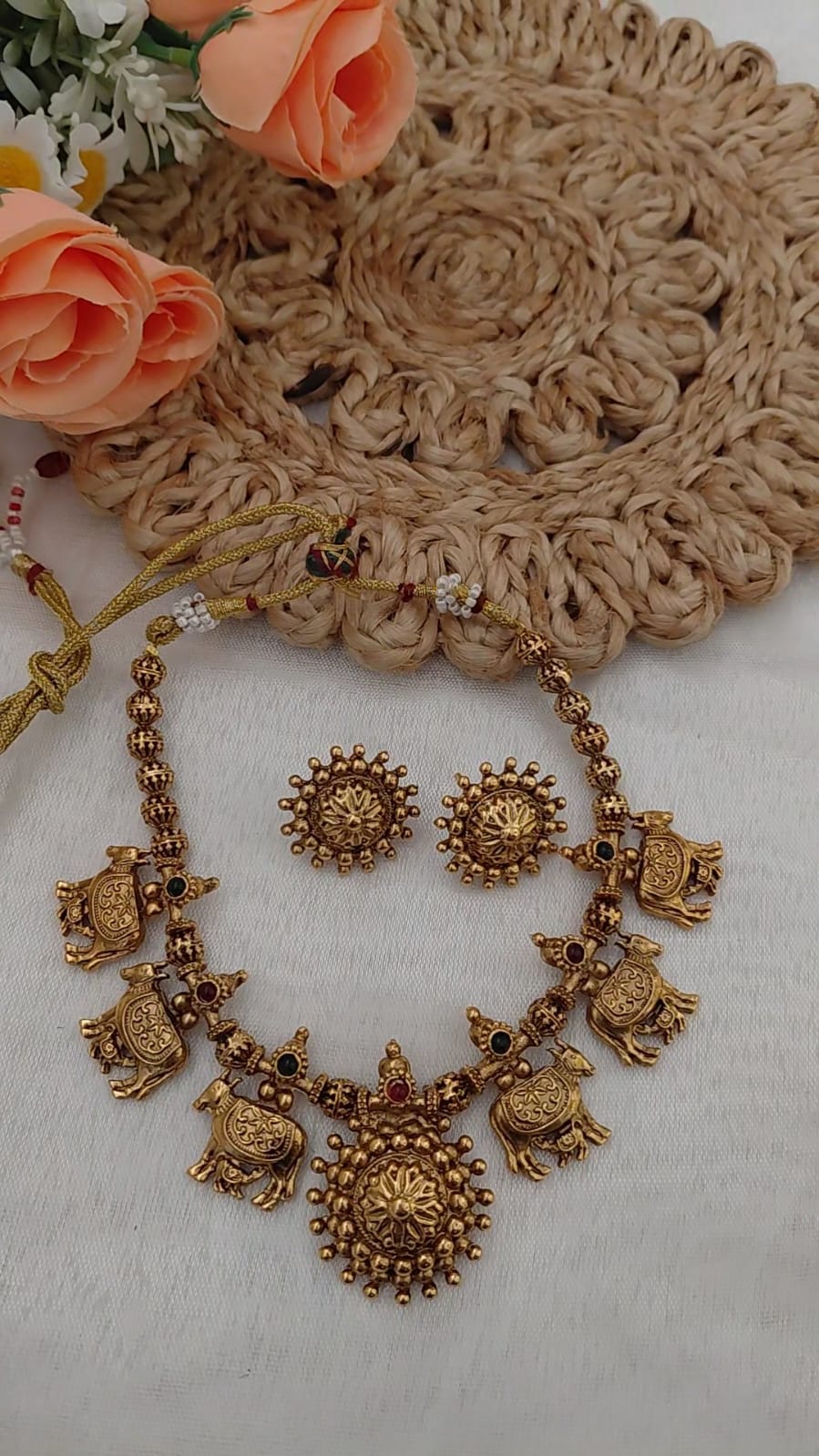 Kamadhenu Temple Necklace Set with Gold Filigree Balls & Lotus Stud Earrings